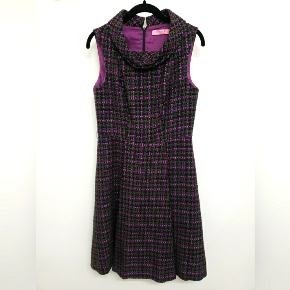 Eliza J. Purple and Black Plaid Tweed Sleeveless Fit and Flare Dress Sz 6